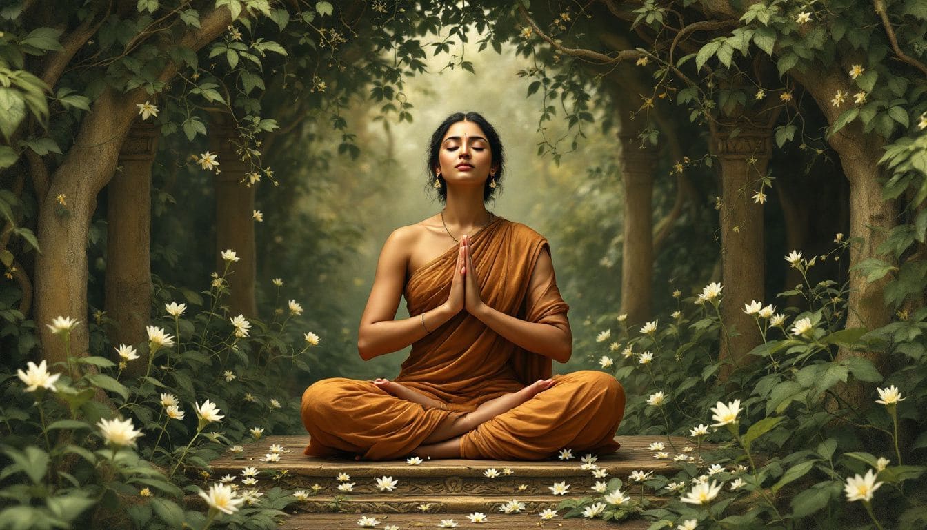 A person practicing yoga to reduce stress, surrounded by ashwagandha plants.