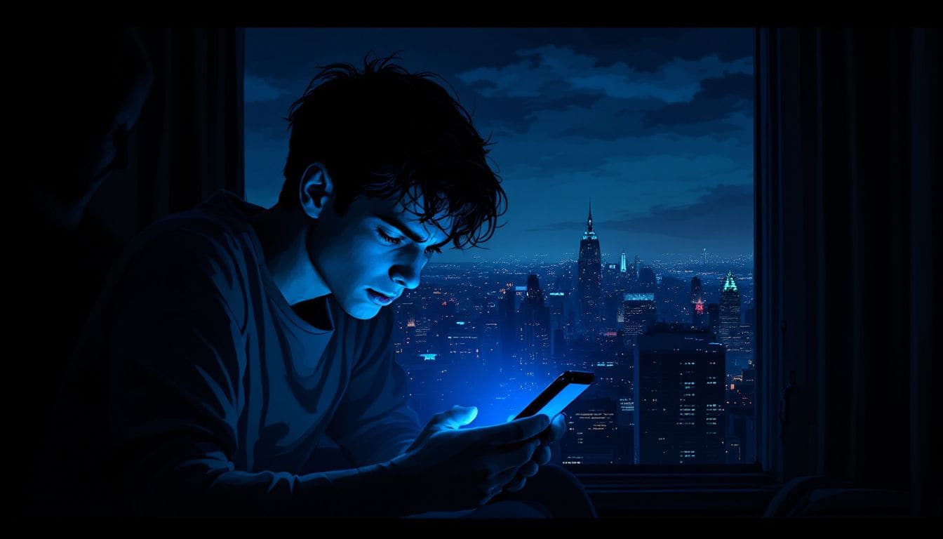 A person exhibiting signs of social media anxiety, such as stress and concern.