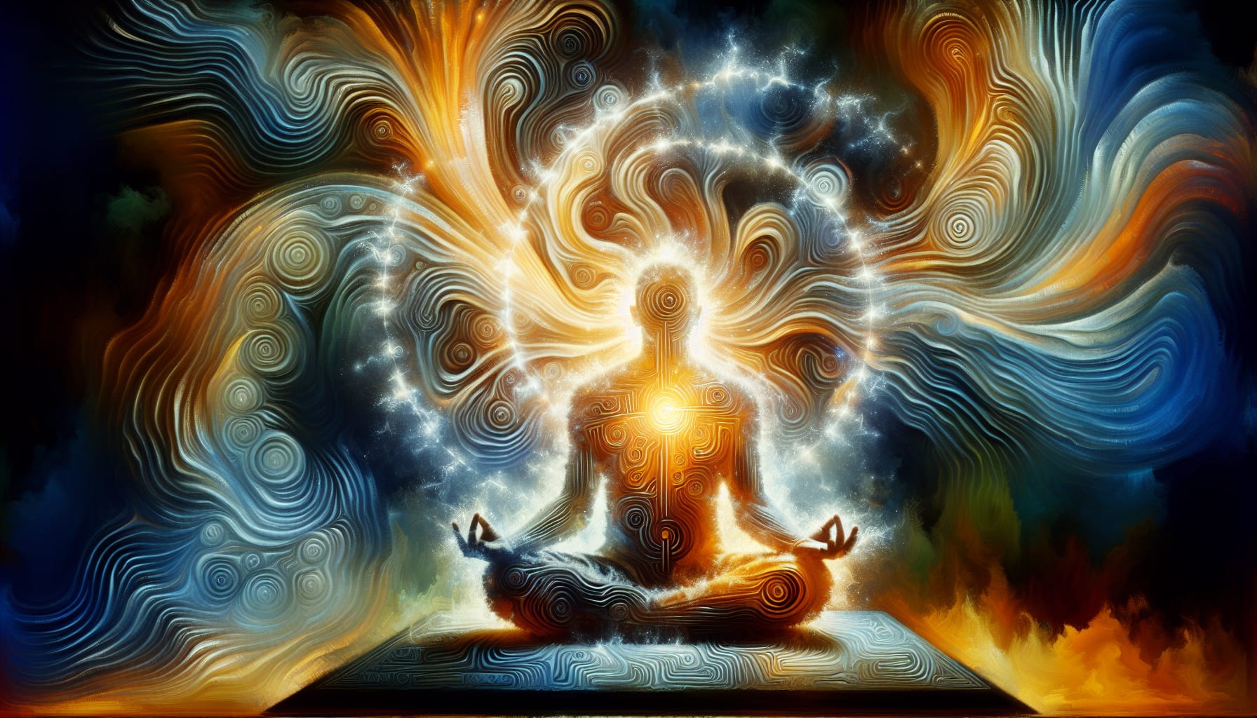 A silhouette of a person meditating on a platform with vibrant, swirling abstract designs and light emanating around and from the person's form, creating a sense of energy and enlightenment, using mantra examples to transform through sessions with CFT therapists in San Francisco.