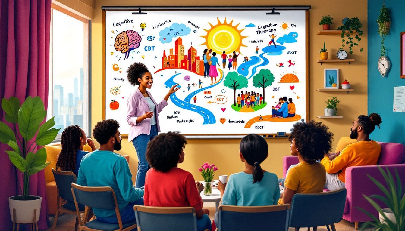 A therapist explaining different therapy approaches to a couple.