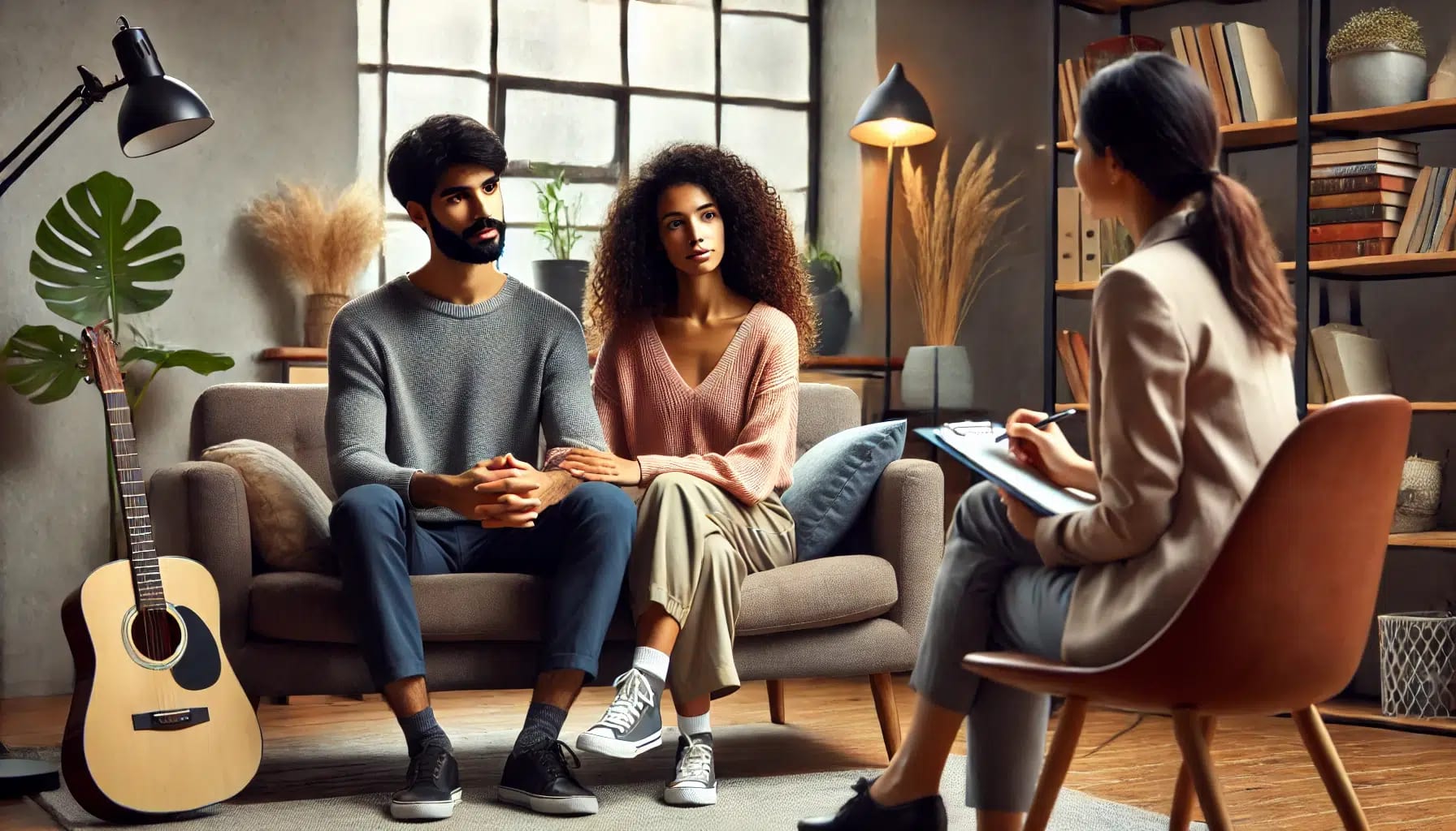 An image depicting a couple discussing their future together, highlighting the importance of premarital counseling.