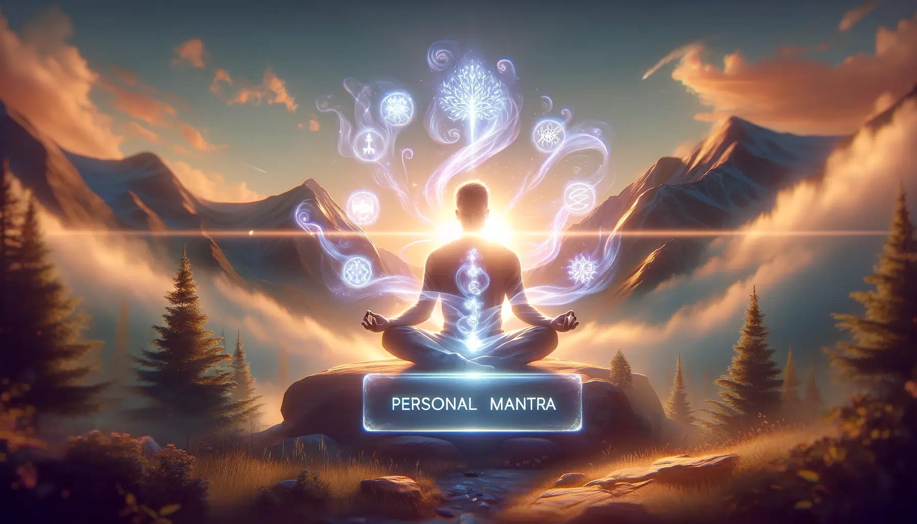 A group of people, including CFT therapists, meditates under a large tree and on a calm lake during sunset, providing mantra examples, set against a serene landscape with mountains in the background.