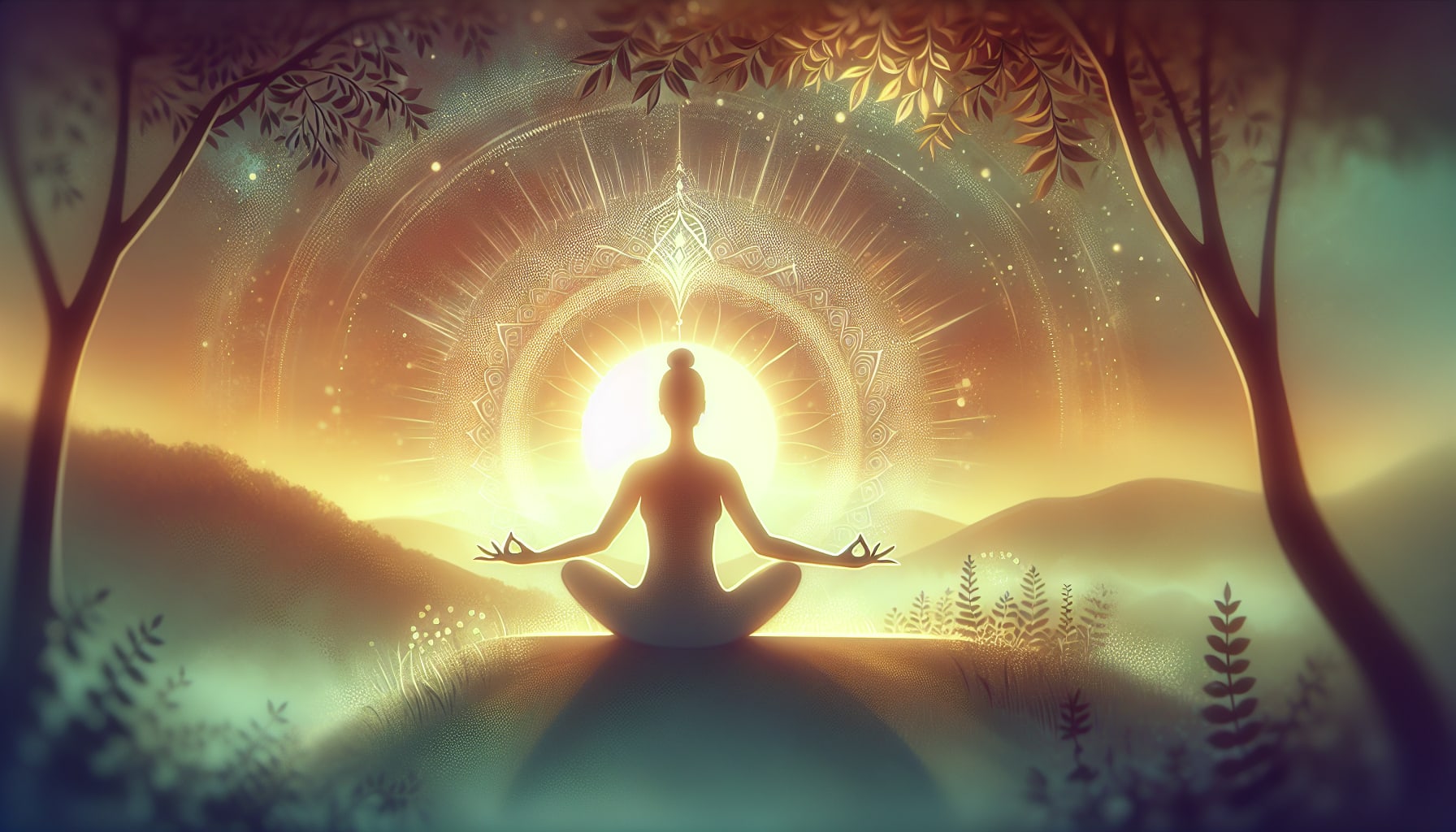 A person meditates in a serene outdoor setting at dawn, with a glowing mandala behind them, surrounded by trees and gentle hills, creating an environment reminiscent of the tranquility emphasized by SF compassion focused therapists.