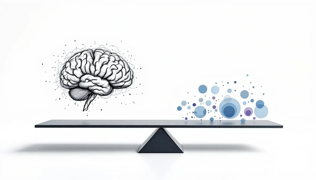 A balance scale weighing the pros and cons of intellectualization as a defense mechanism.