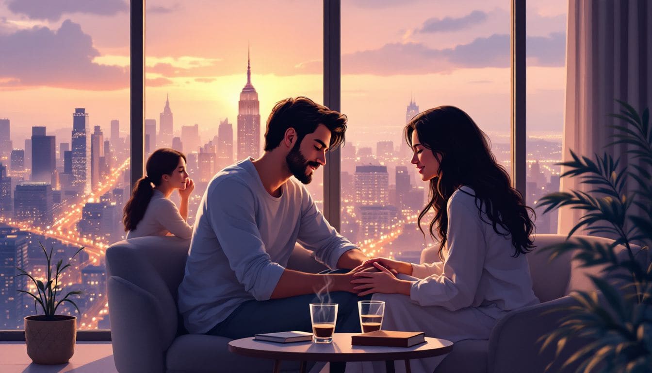 An illustration of a couple experiencing growth and emotional intimacy during therapy sessions.