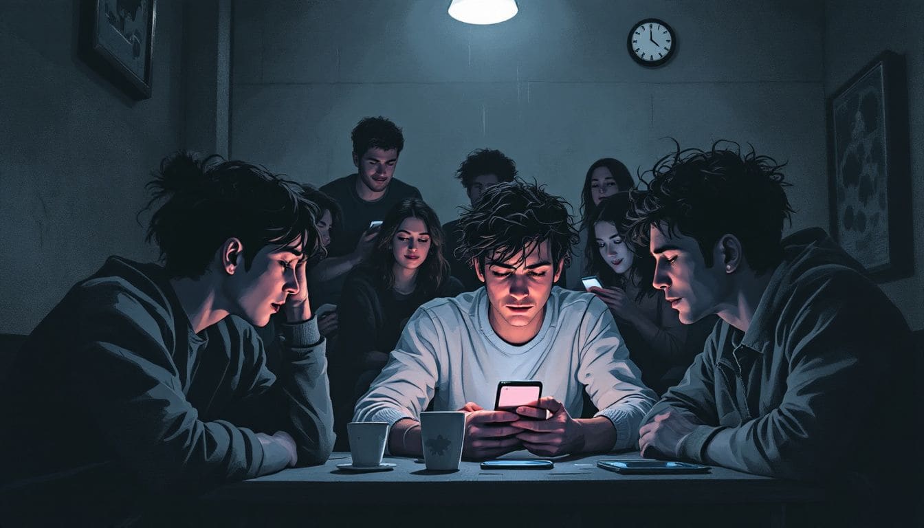 A group of young people discussing the impact of social media on mental health.