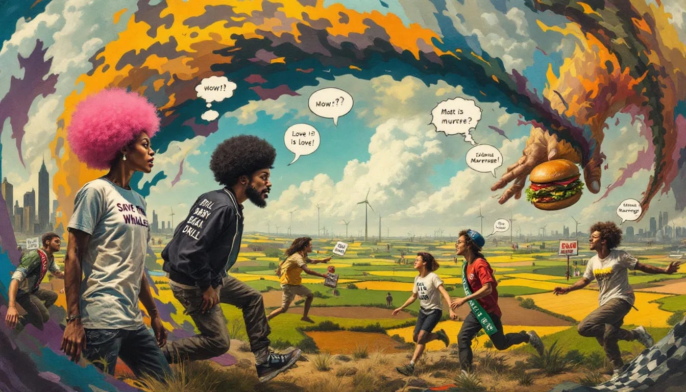 An illustration depicting cognitive dissonance in social psychology, showing a group of people with differing opinions.