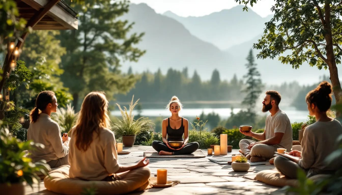 Purpose of mental health retreats, showcasing individuals engaged in mindfulness activities.
