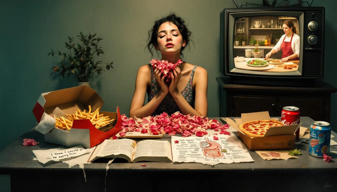 An example of cognitive dissonance in everyday life, illustrating a person contemplating their eating habits.