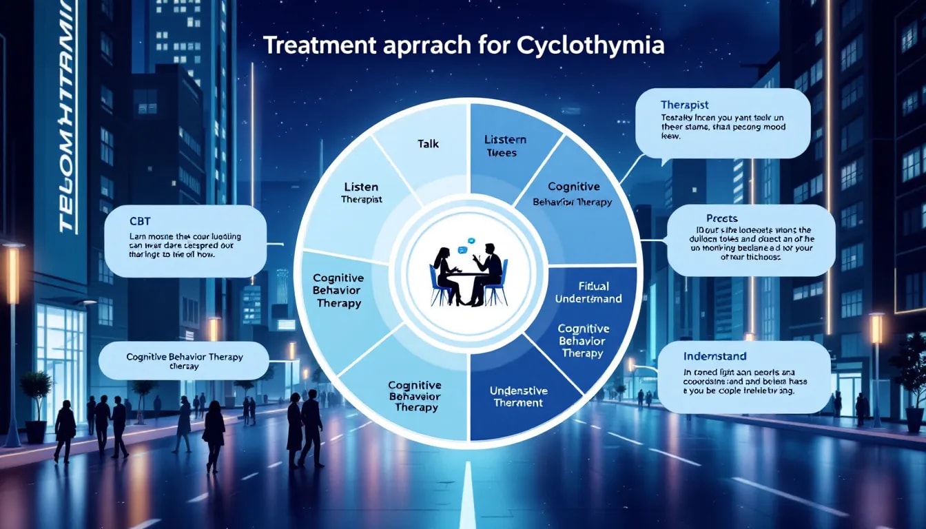 A visual representation of various treatment approaches for cyclothymia, including CBT and medication management.