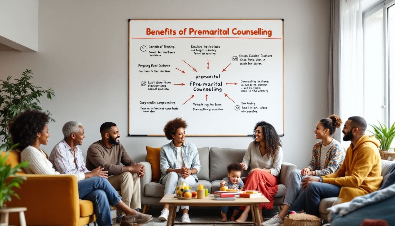 A diverse group of couples attending a premarital counseling session, showcasing the benefits for different couples.