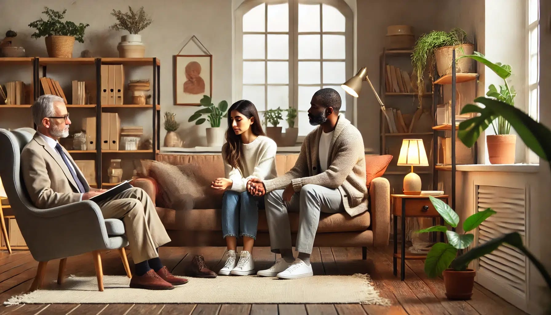 A couple researching therapists online, focusing on finding the best couples therapist in Los Angeles.