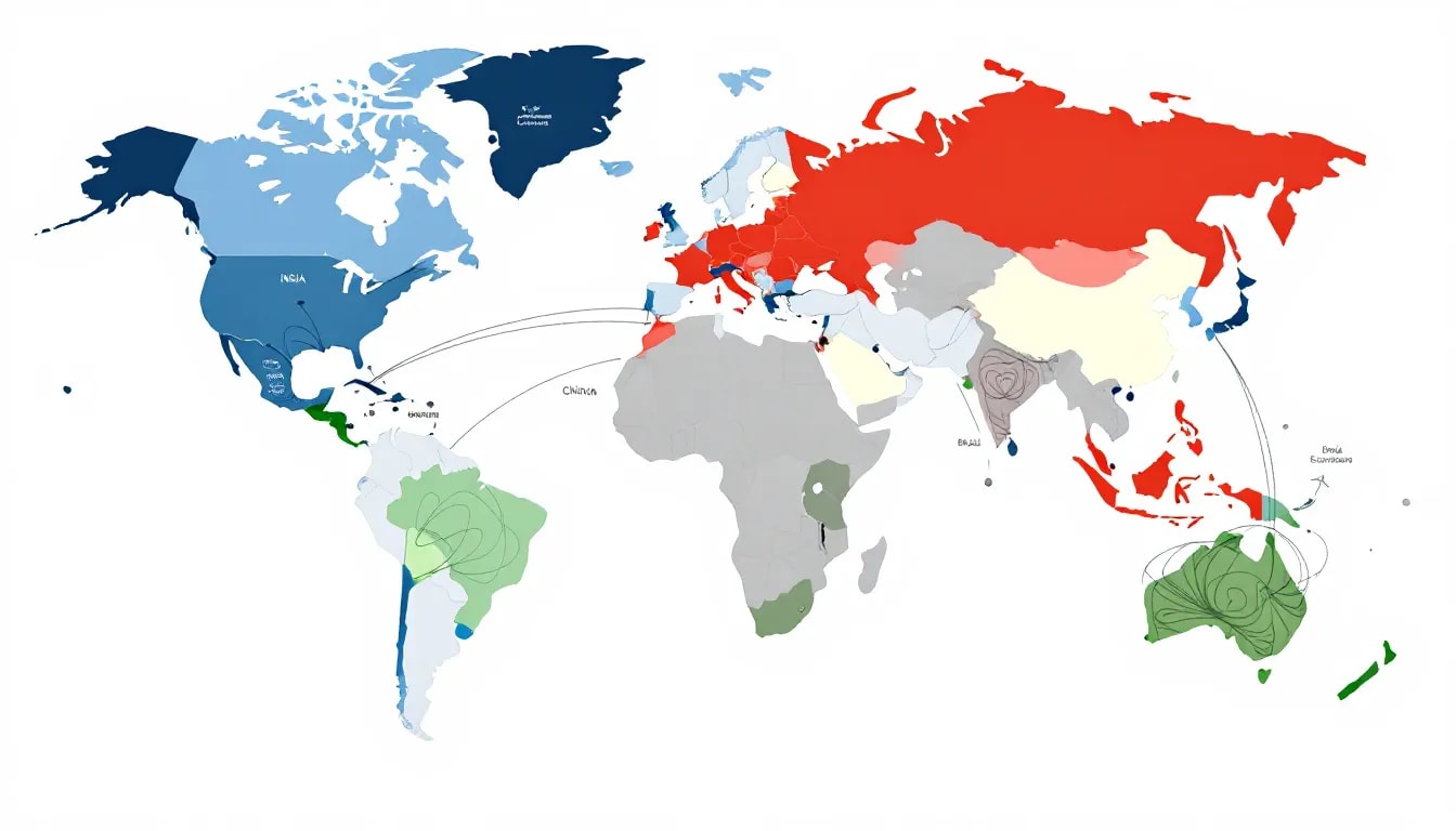A world map showcasing various spheres of influence in international relations today.