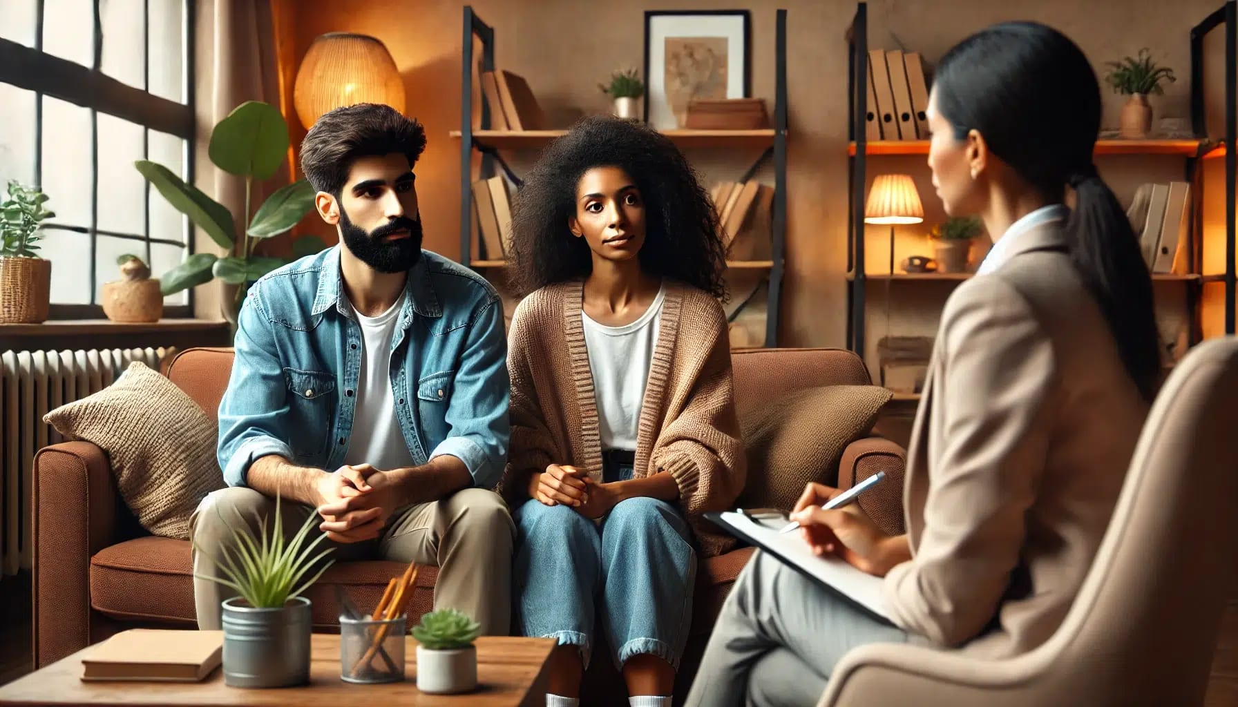 An image depicting a couple discussing their future together, highlighting the importance of premarital counseling.