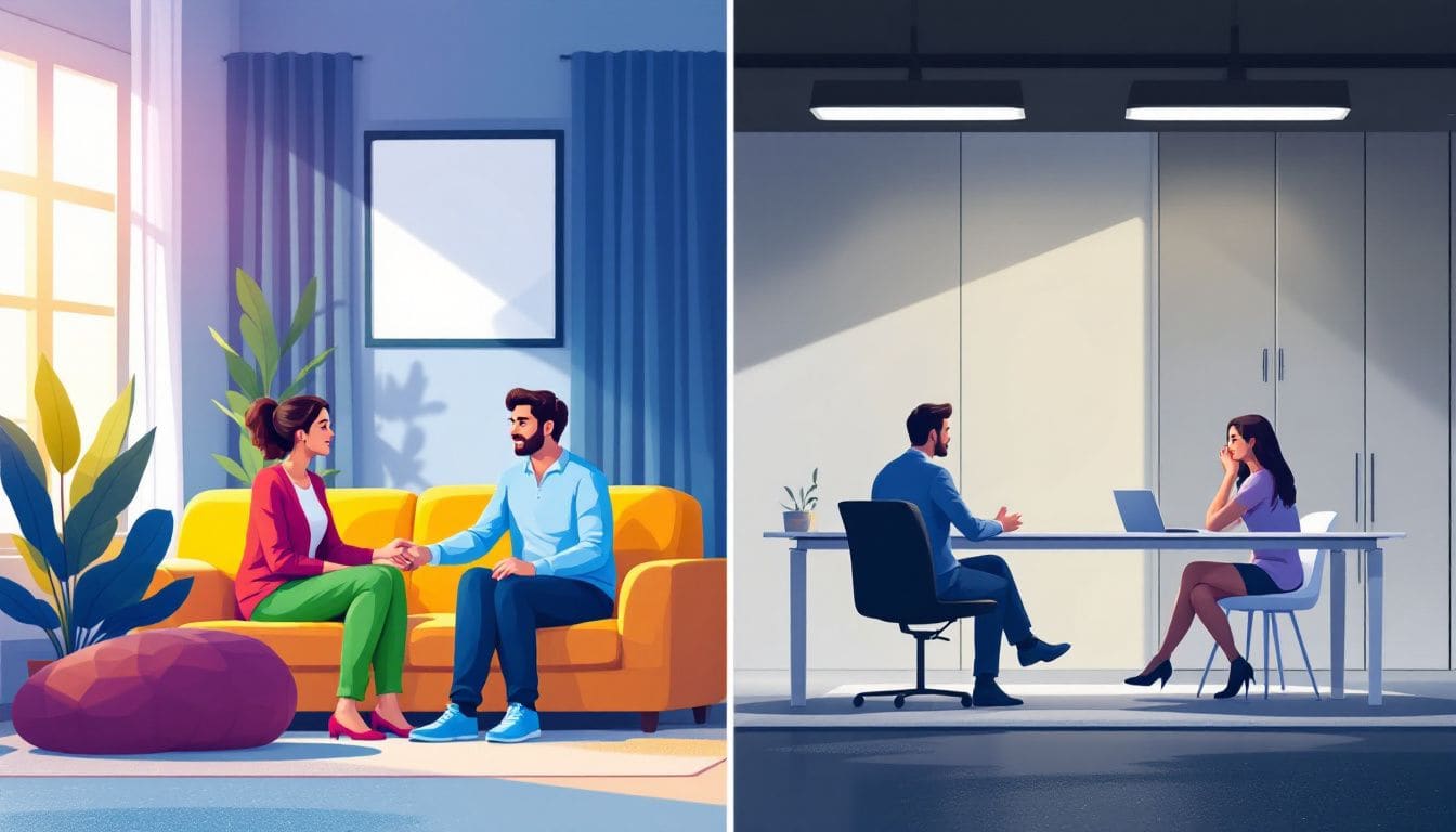 An image contrasting in-person and online counseling options for couples.