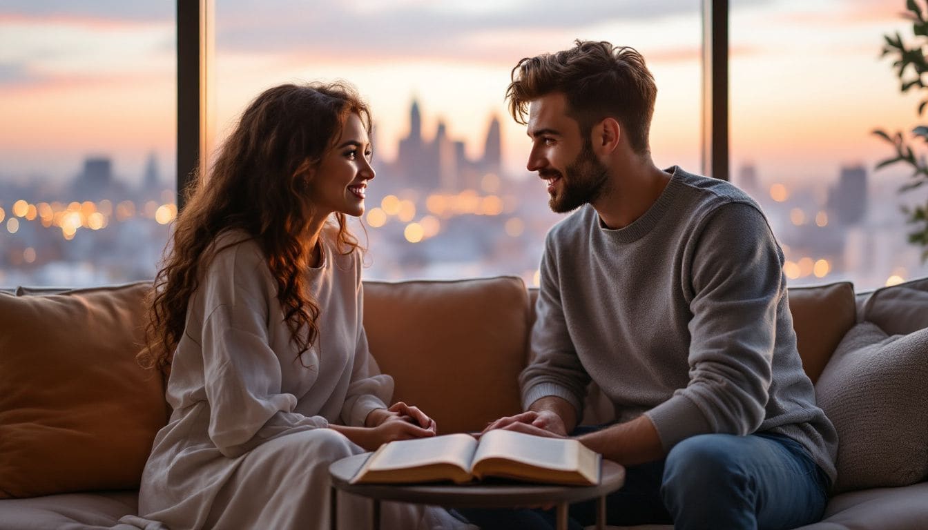 An engaged couple discussing their future together, highlighting the importance of premarital counseling.