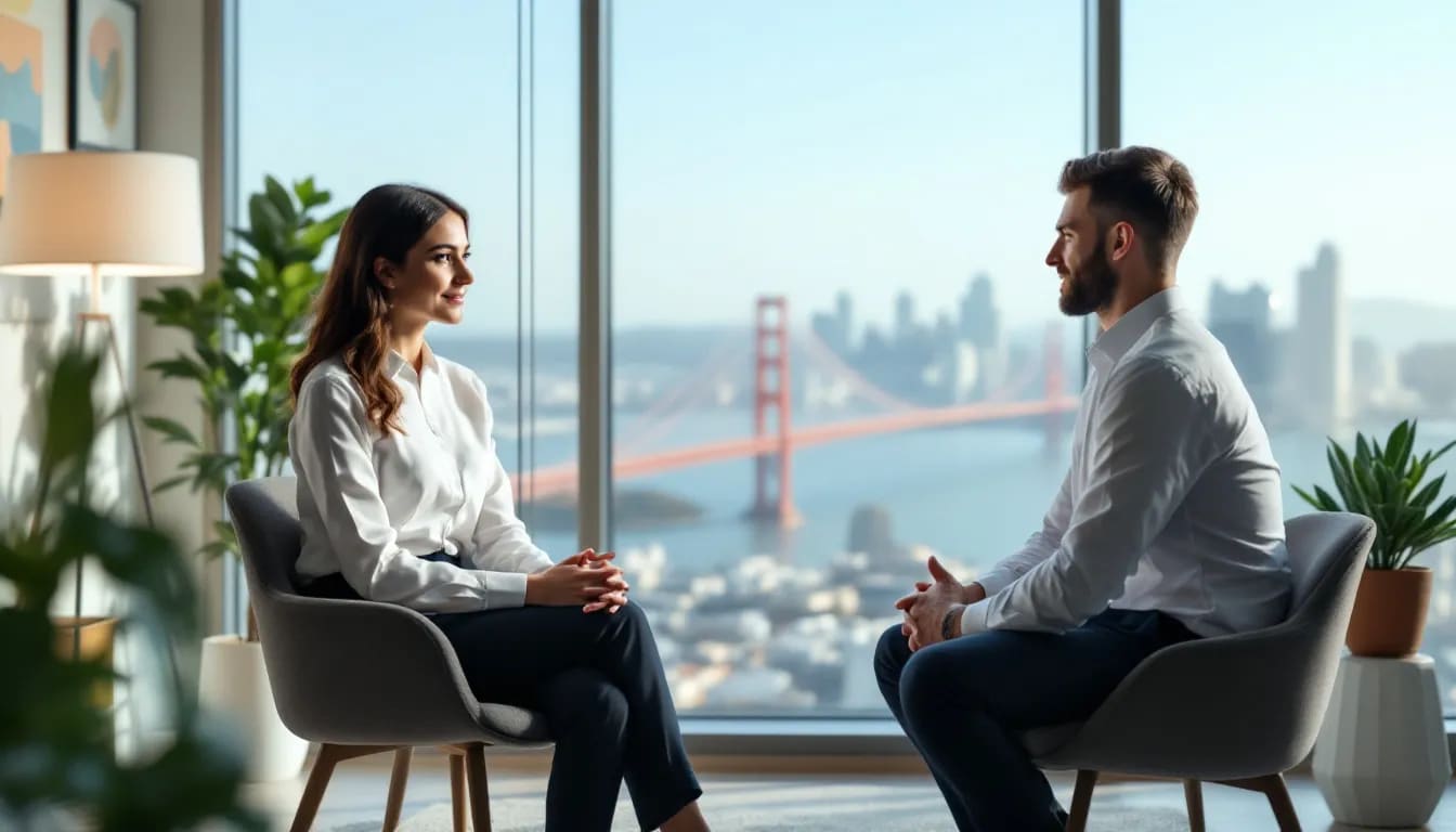 A therapist conducting a diagnostic evaluation at the Bay Area CBT Center, emphasizing the importance of mental health assessments.