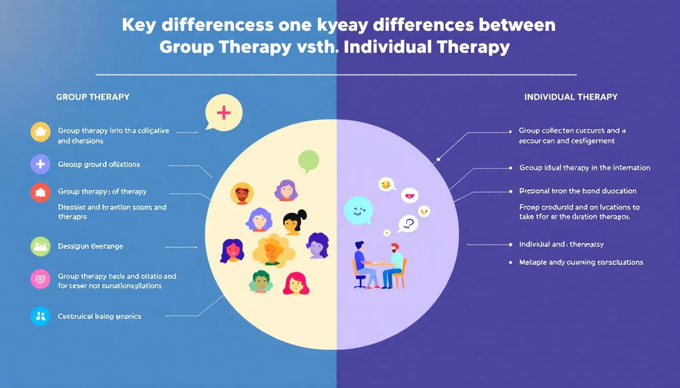 A visual representation of key differences between group therapy vs individual therapy.