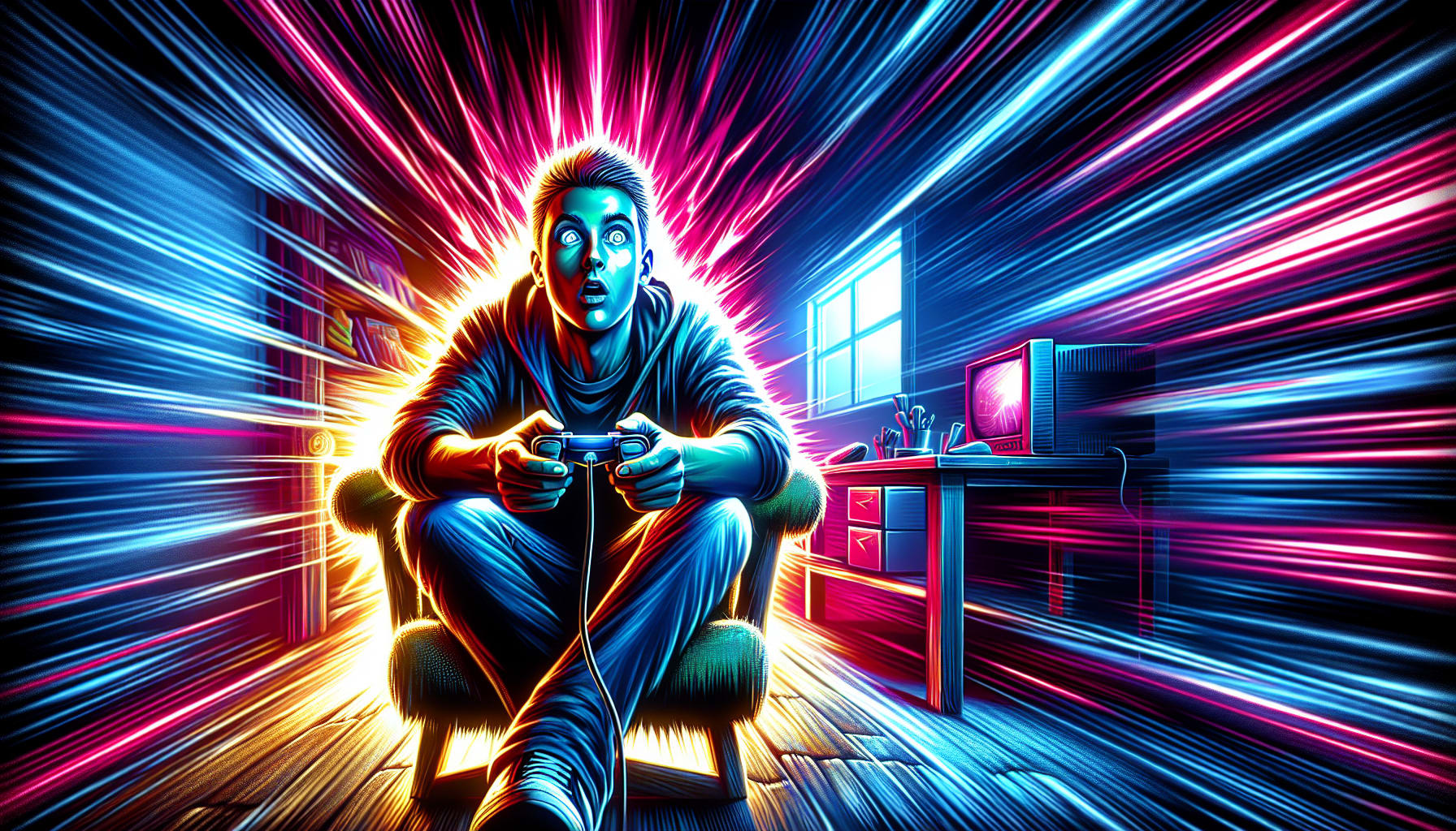 A person engrossed in playing a video game, depicting hyperfixation on a particular activity