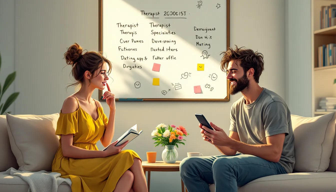 A couple exploring options for finding the right therapist for their needs.