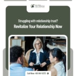 Three people in a counseling session at Bay Area CBT Center. A counselor holds a clipboard while two others sit across. Text reads, "Struggling with relationship trust? Revitalize Your Relationship Now.