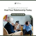 Therapist with notebook talks to stressed couple on couch, with text: "Struggling with trust issues? Heal Your Relationship Today at the CBT Center, your go-to for marriage counseling in Los Angeles." Phone number included.