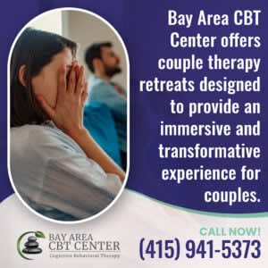 A woman hides her face in her hands during a session at the Bay Area CBT Center. Discover a deeper connection through our San Francisco couples therapy retreats. Call (415) 941-5373 for more information.