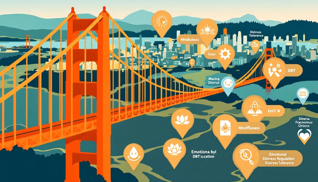 A map of San Francisco highlighting locations of DBT therapists, showcasing options for finding a therapist.