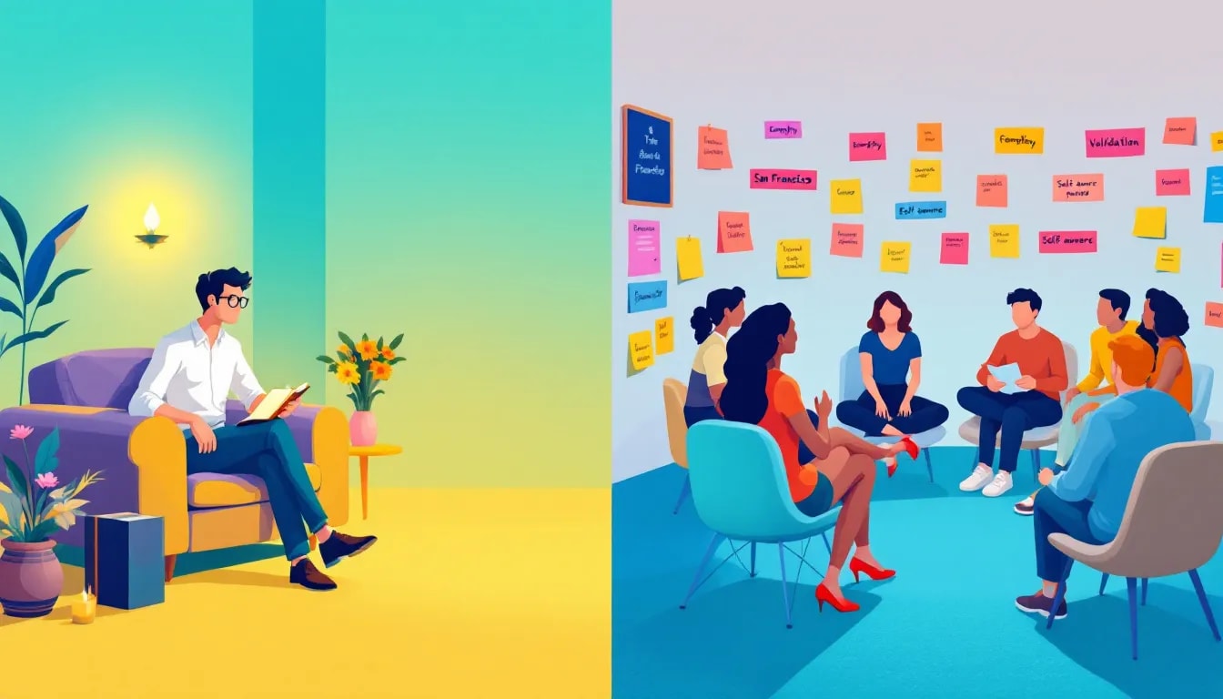 A split image showing individual therapy on one side and group therapy on the other, illustrating the differences between the two.