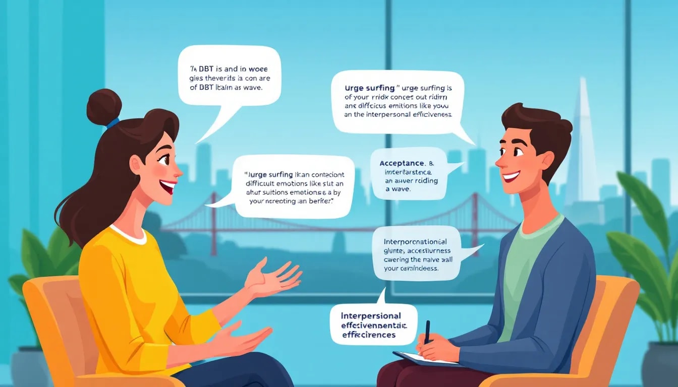 A therapist guiding a client through DBT skills training, showcasing effective therapy techniques.