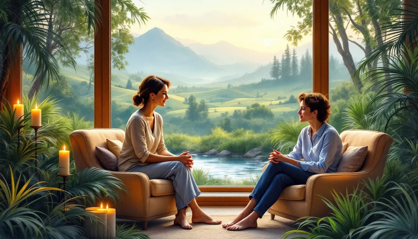 A therapist conducting a session with a client at a mental health retreat.