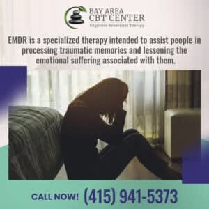 Silhouette of a person sitting near a bed. Text reads: "EMDR San Francisco assists in processing traumatic memories, promoting trauma recovery," followed by contact information for Bay Area CBT Center.
