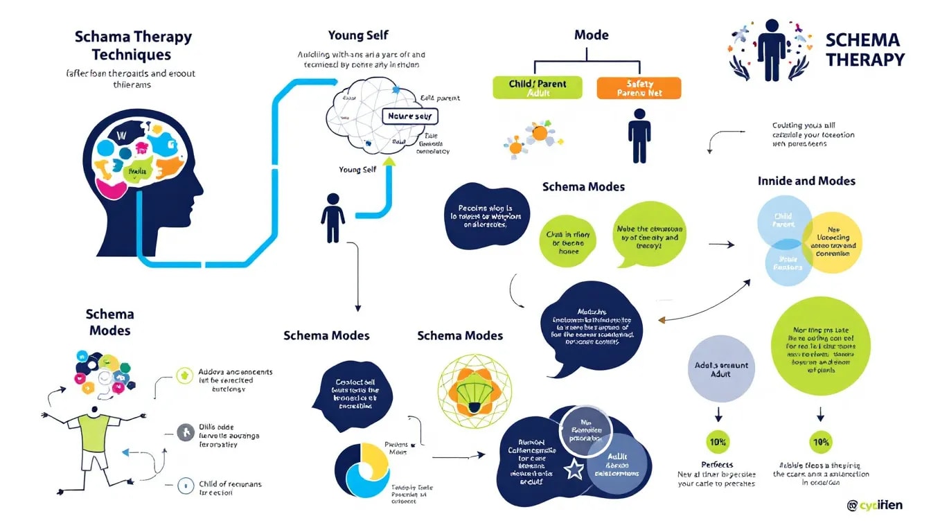 A diagram showcasing various techniques used in schema therapy, including cognitive and experiential techniques.