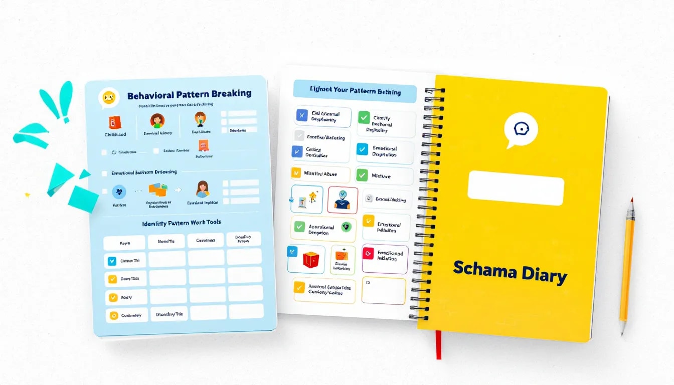 A collection of worksheets and tools used in schema therapy, including a schema diary and behavioral pattern breaking worksheet.