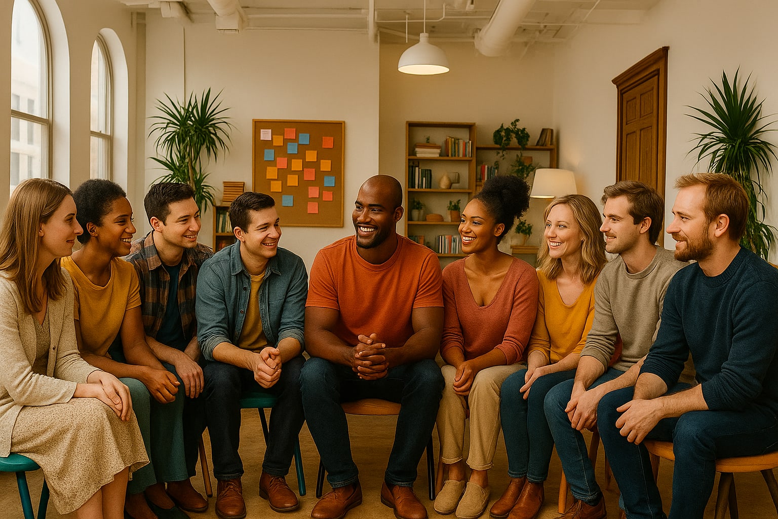 A diverse group of people engaging in a support group for mental health.