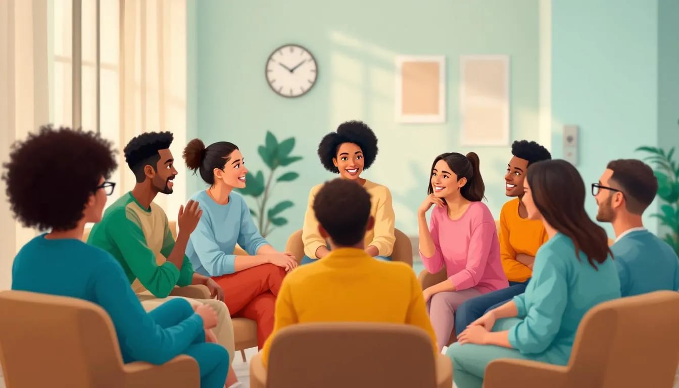 A group of individuals discussing the benefits of group therapy, showcasing diverse perspectives.