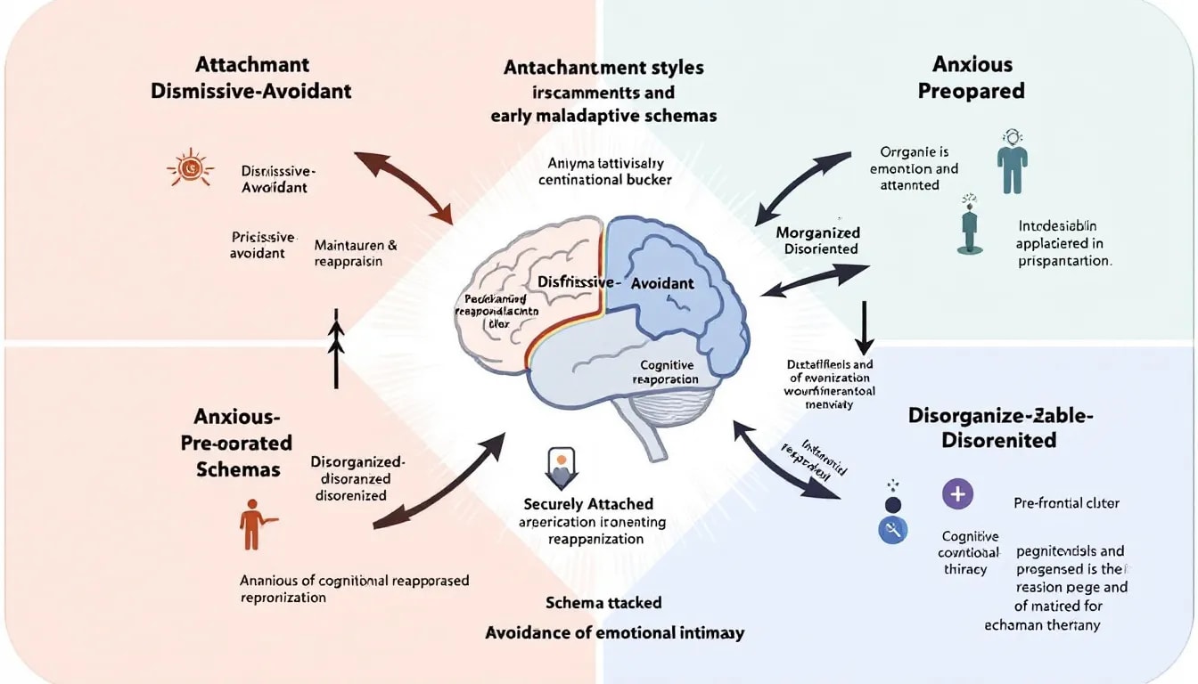 A conceptual framework of schema therapy linking attachment styles and early maladaptive schemas.