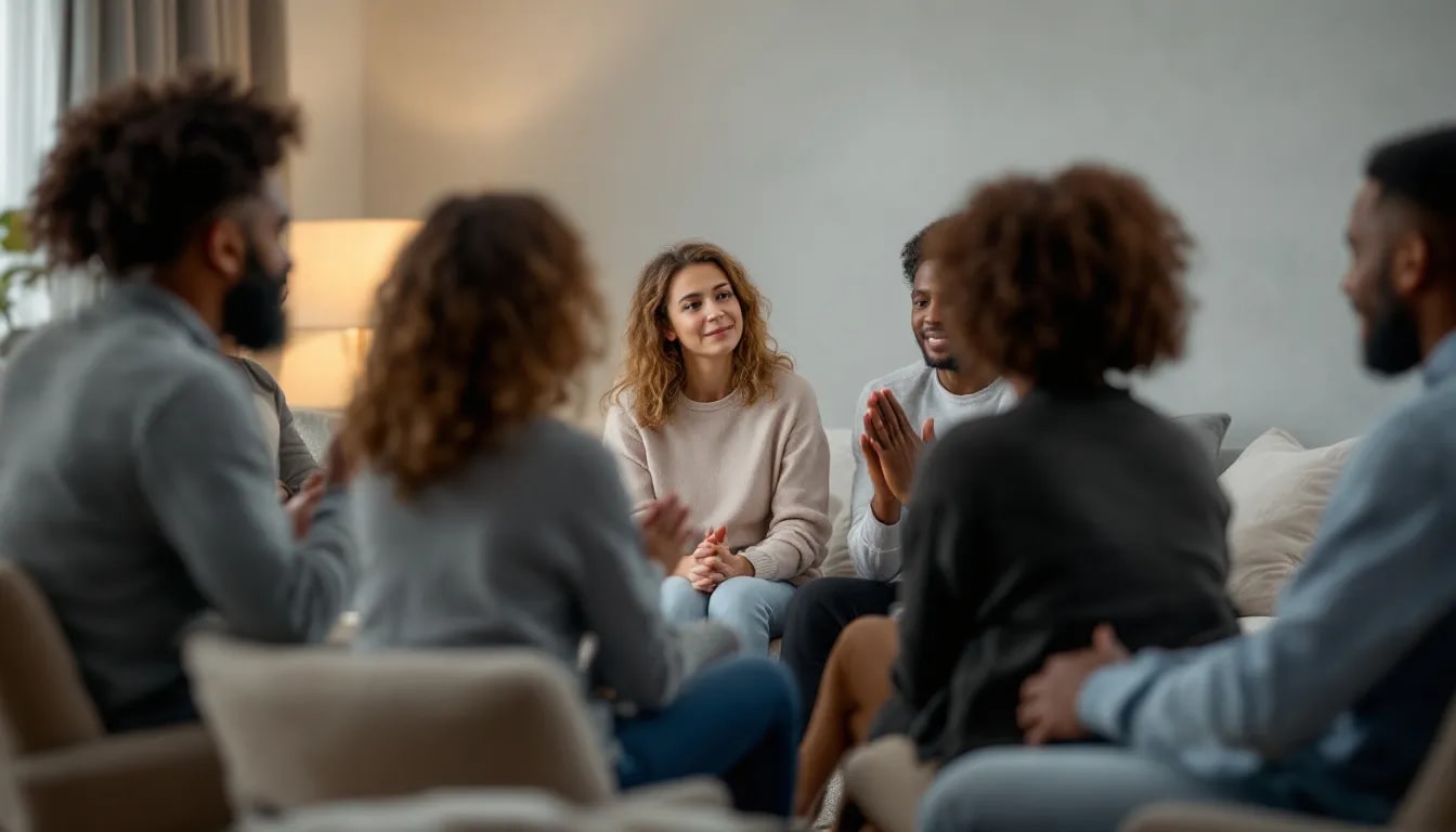 A support group meeting with people sharing their grief experiences, highlighting the desire for support and connection.