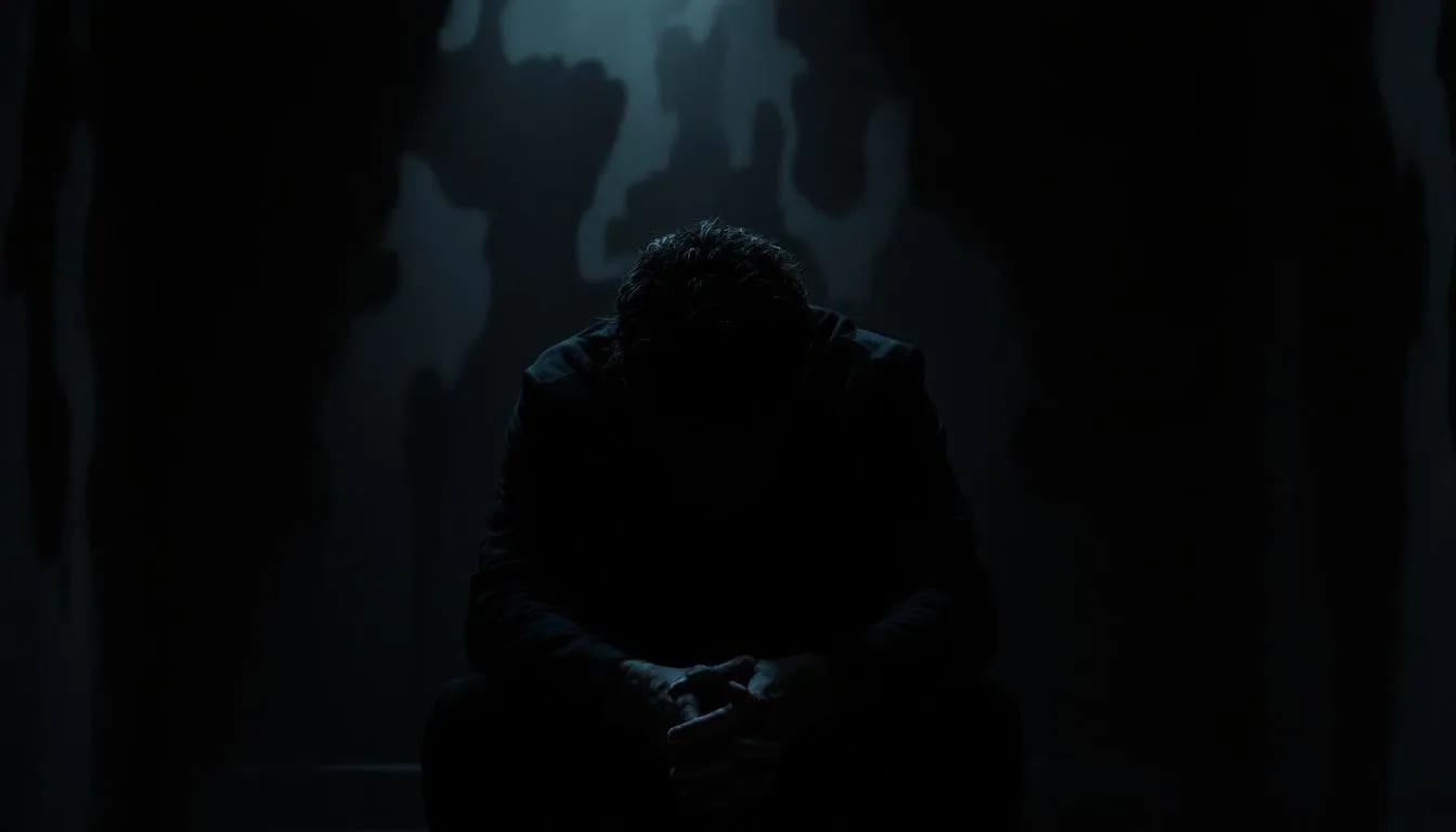 An emotional scene depicting the psychological effects of lurking trauma, with a person looking distressed and isolated.