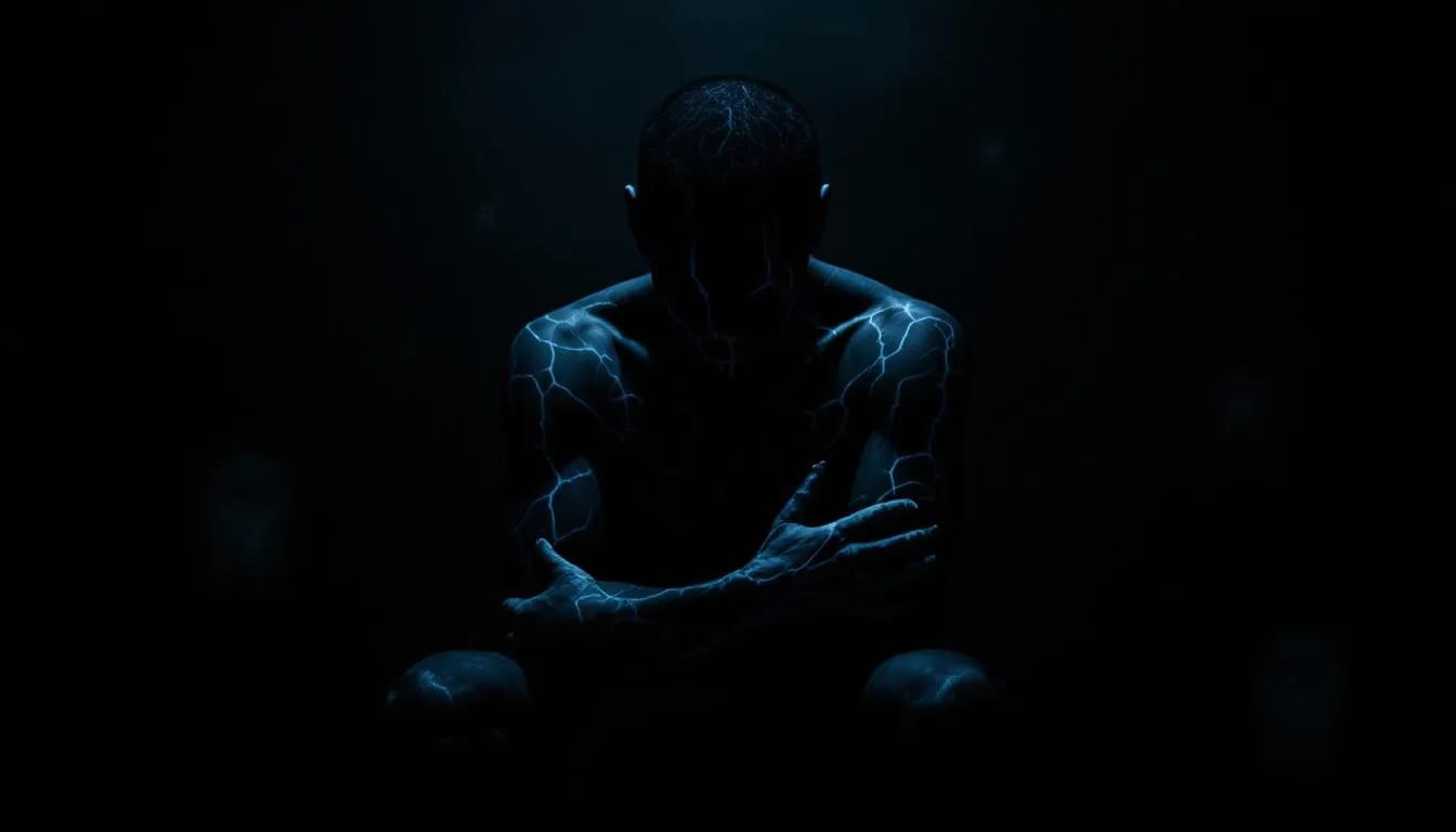 An image illustrating the physical manifestations of hidden trauma, showing a person with visible stress symptoms.