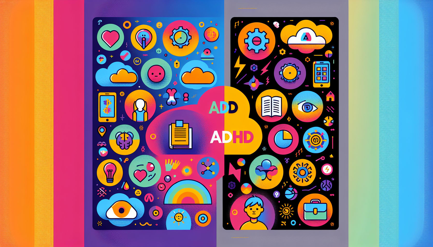 An illustration comparing ADD and ADHD, highlighting their characteristics.
