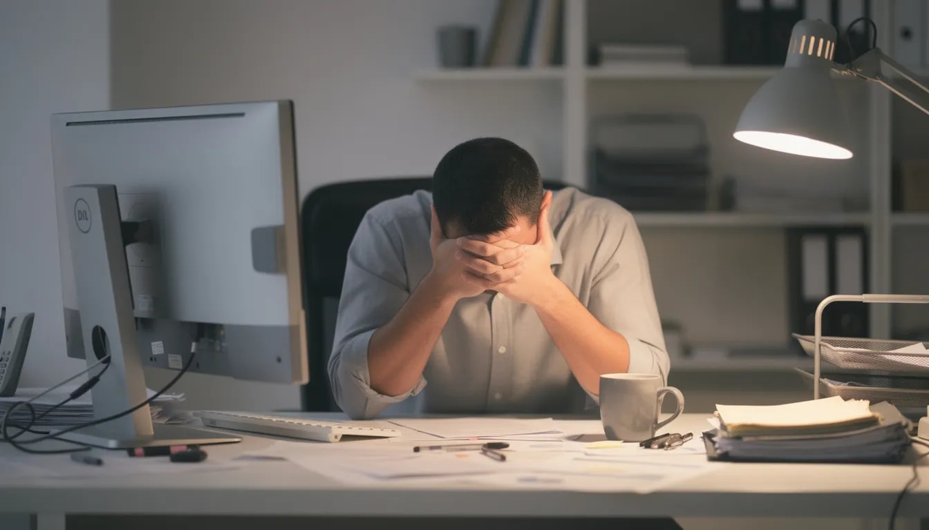 A person sits at a desk, visibly exhausted, with their head resting on their hands, illustrating the emotional toll and mental load often experienced by adults with ADHD as they navigate daily life and masking behaviors. This image captures the struggle of managing symptoms like trouble focusing and the fatigue that can accompany unhealthy coping mechanisms.