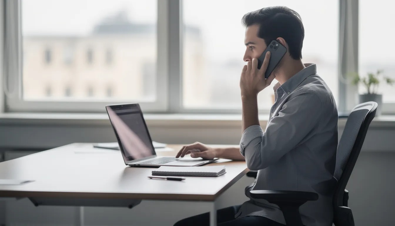 A person is seated at a desk with a laptop, engaged in a phone call, possibly discussing relationship dynamics or therapy options. This scene reflects the modern approach to communication and support in navigating life's transitions, such as couples therapy or individual therapy, in a city like San Francisco.