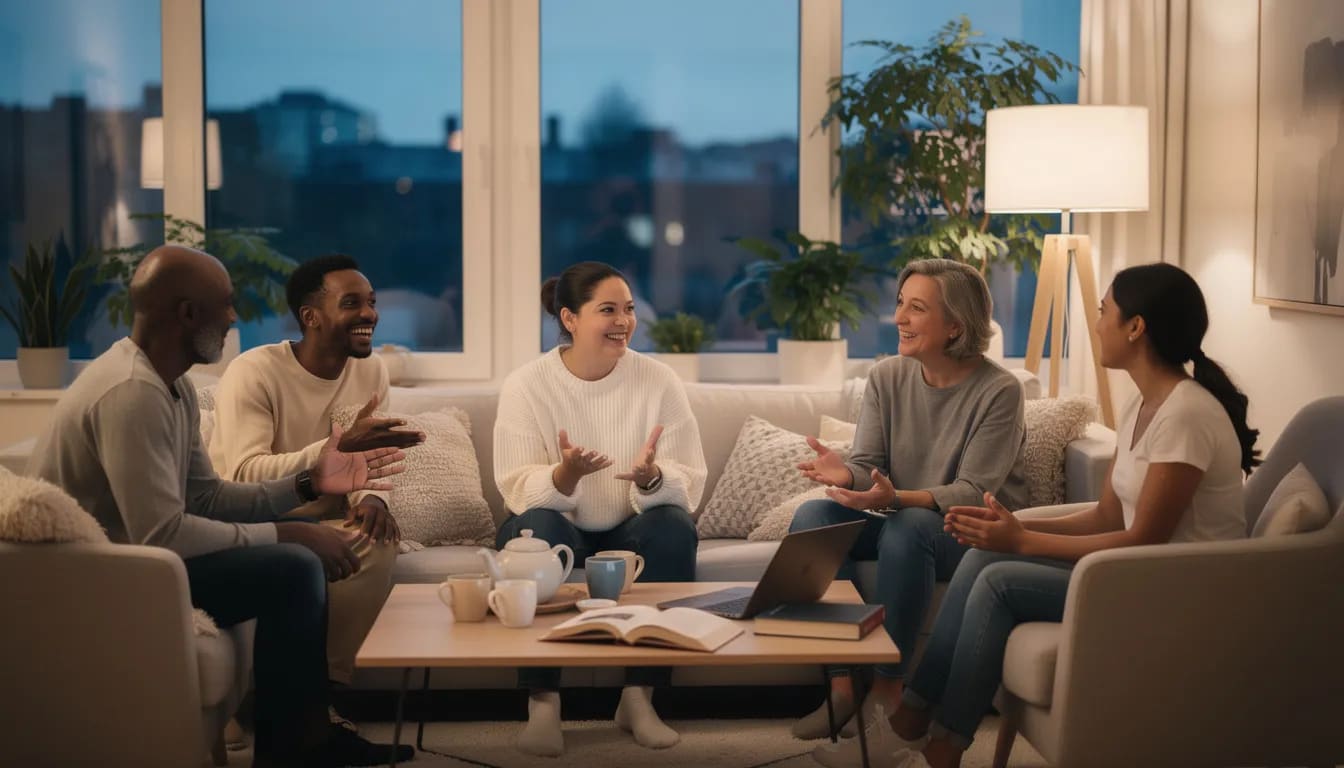 A diverse group of people is engaged in a warm conversation in a modern living room, creating a supportive space that fosters emotional understanding and connection. This setting reflects the essence of couples counseling, where individuals can explore relationship issues and enhance their emotional well-being.