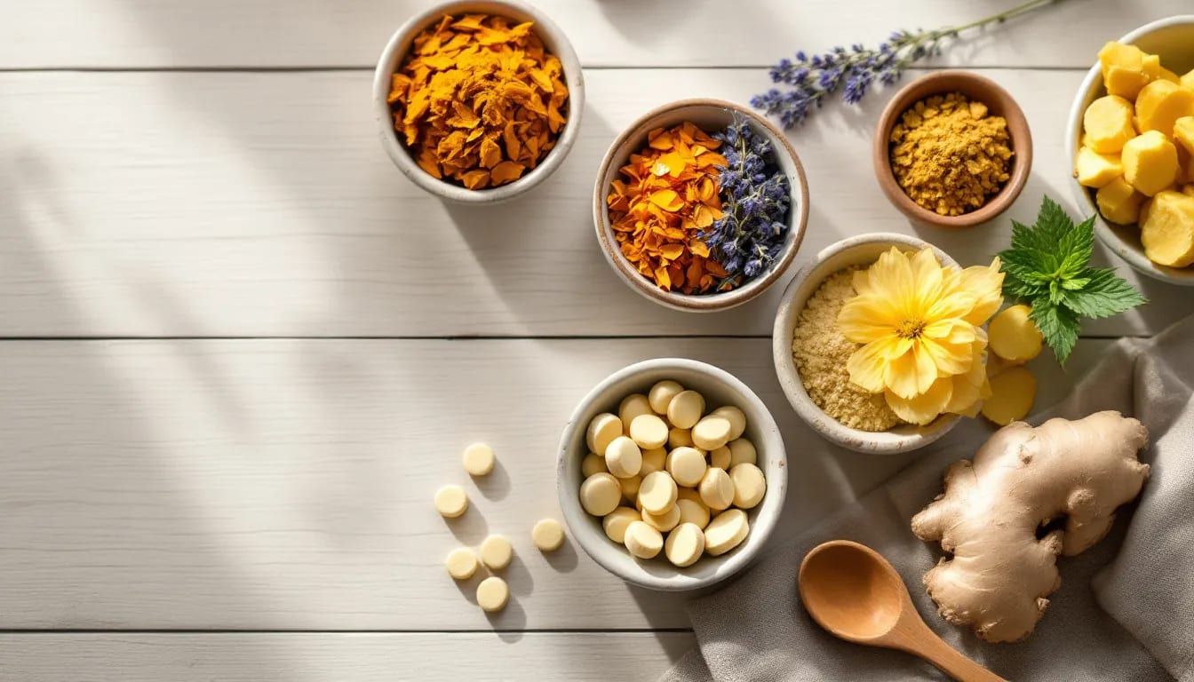 The image features an assortment of herbal supplements and natural remedies displayed in small bowls, each accompanied by a wooden spoon, highlighting a variety of options for managing anxiety symptoms and promoting mental health. These natural treatments may serve as alternatives to prescription medications for those looking to alleviate anxiety and stress.