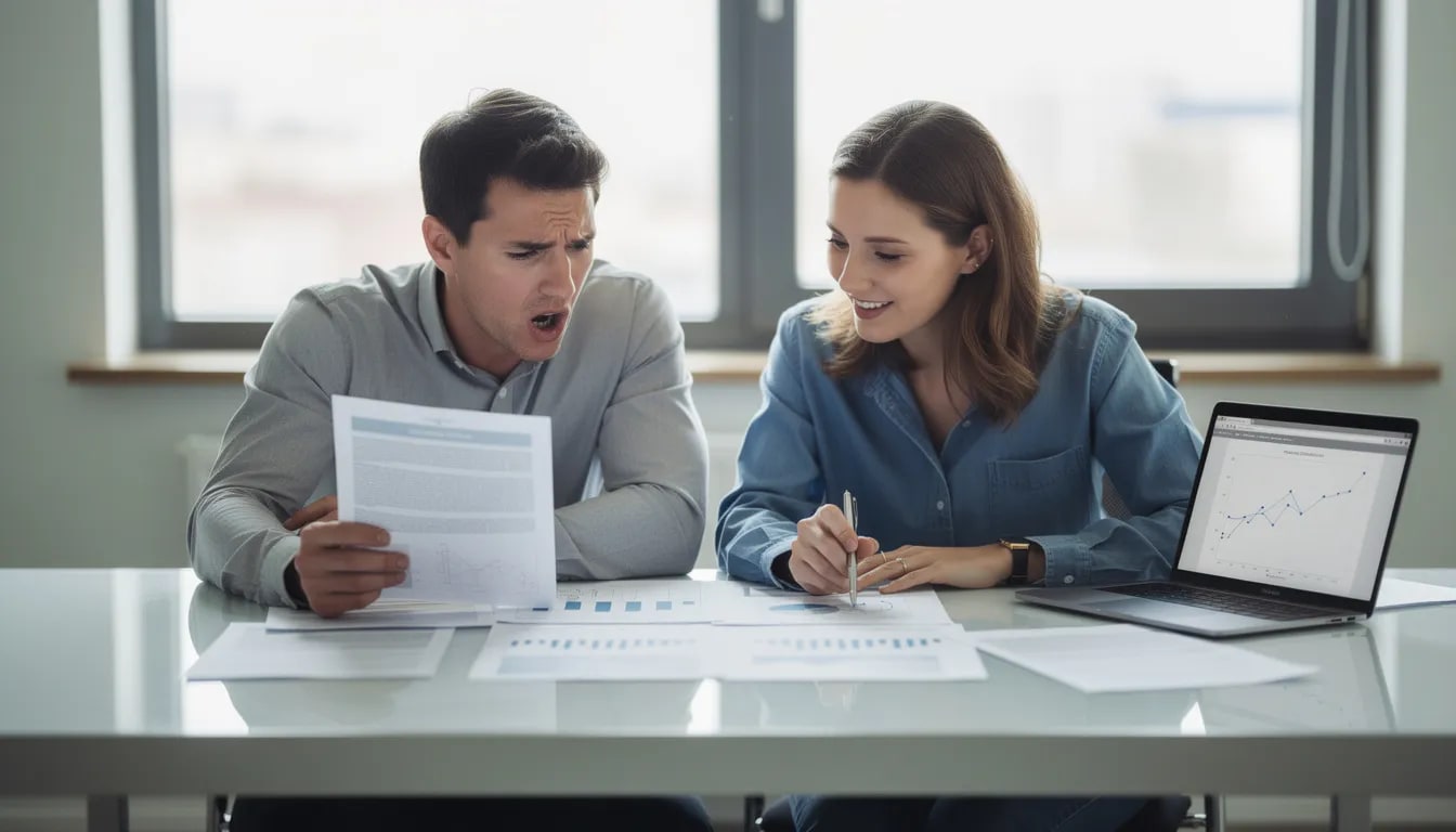 The image depicts two people sitting together, examining financial documents with contrasting expressions; one appears concerned while the other seems contemplative. This scene highlights the common financial disagreements that can arise in marriage, particularly regarding issues like credit card debt and the stress of managing joint accounts.