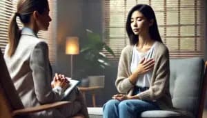 A woman sits on a couch with her hand on her chest, eyes closed, while a San Francisco PE therapist with a clipboard listens attentively. The room, designed for Effective Strategies of PE Therapy for PTSD Treatment, has soft lighting and a calming atmosphere with plants and blinds.