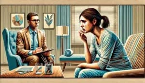 A scene depicts a woman sitting pensively on a couch, speaking with a man in glasses holding a clipboard. The setting, likely an office or therapy room, suggests the session could be part of finding the right DBT therapist in SF for her needs.