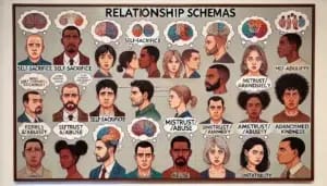 A diagram titled "Relationship Schemas" depicting various headshots and thought bubbles illustrating different dynamics such as self-sacrifice, Unrelenting Standards Schema, mistrust, abuse, and advanced kindness.