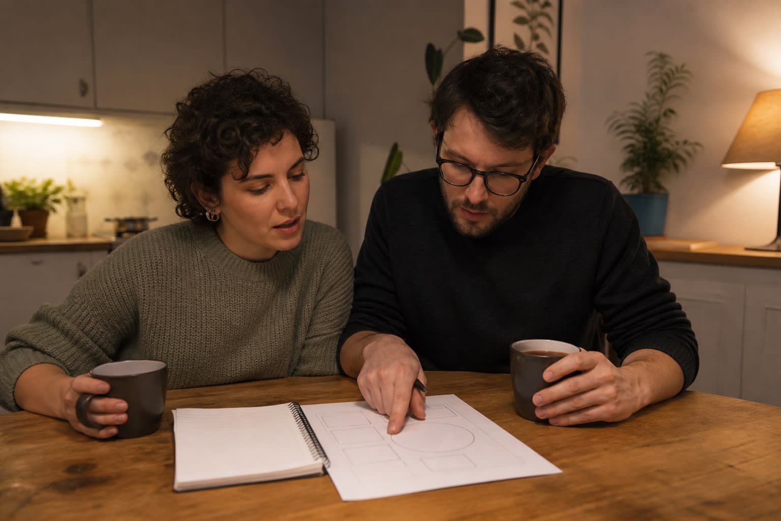 A couple reviews a CBT worksheet together at their kitchen table